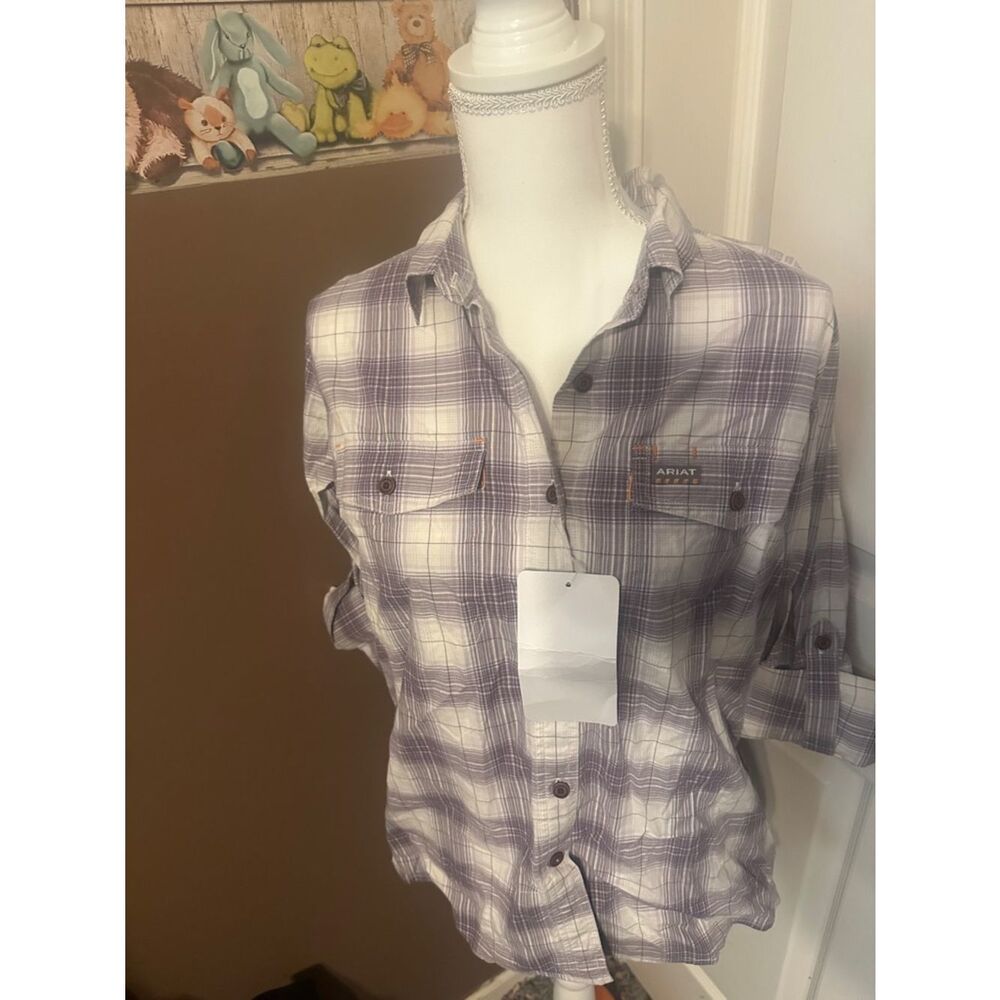 Ariat Rebar work shirt Lavender and White Plaid Button-Up Shirt NWT